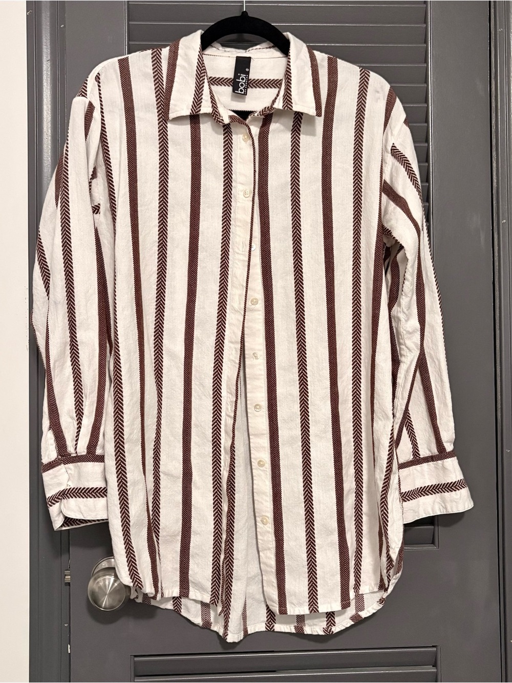 bobi Los Angeles Oversized White and Brown Vertical Stripe Cotton Shirt